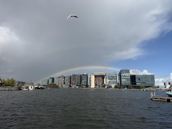 A vibrant rainbow gracefully arches over the modern city skyline of Oosterdok, Rapenburg, Amsterdam, with dark water in the foreground